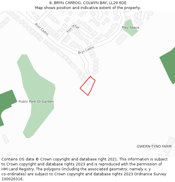8, BRYN CARROG, COLWYN BAY, LL29 6DE: Location map and indicative extent of plot