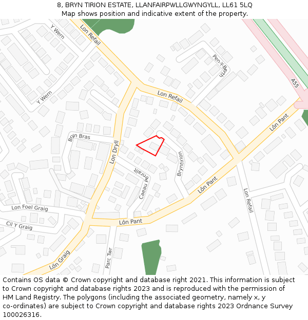 8, BRYN TIRION ESTATE, LLANFAIRPWLLGWYNGYLL, LL61 5LQ: Location map and indicative extent of plot