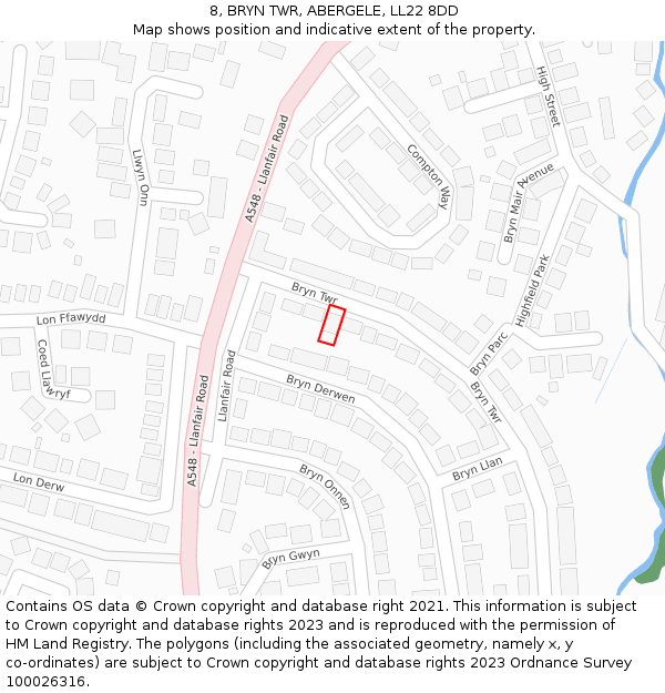 8, BRYN TWR, ABERGELE, LL22 8DD: Location map and indicative extent of plot