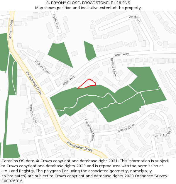 8, BRYONY CLOSE, BROADSTONE, BH18 9NS: Location map and indicative extent of plot