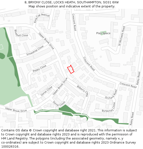 8, BRYONY CLOSE, LOCKS HEATH, SOUTHAMPTON, SO31 6XW: Location map and indicative extent of plot