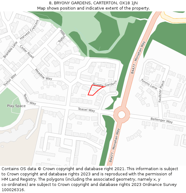 8, BRYONY GARDENS, CARTERTON, OX18 1JN: Location map and indicative extent of plot