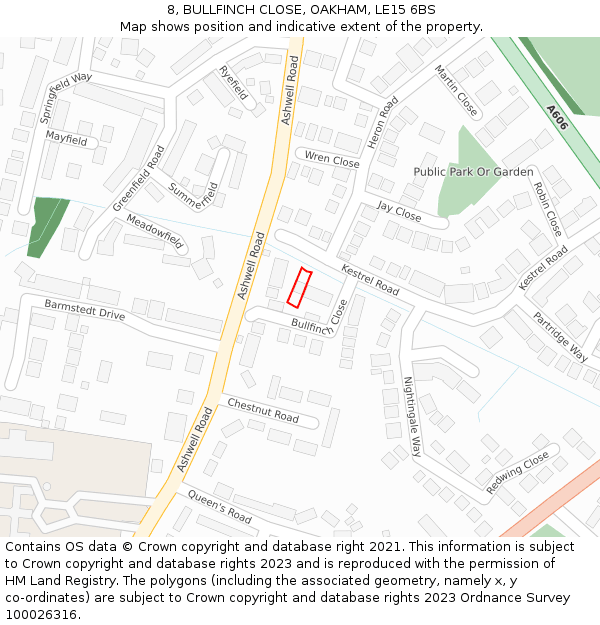 8, BULLFINCH CLOSE, OAKHAM, LE15 6BS: Location map and indicative extent of plot