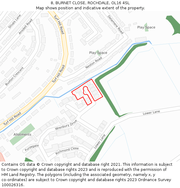 8, BURNET CLOSE, ROCHDALE, OL16 4SL: Location map and indicative extent of plot