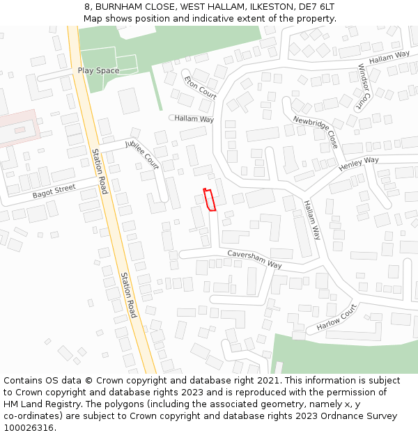 8, BURNHAM CLOSE, WEST HALLAM, ILKESTON, DE7 6LT: Location map and indicative extent of plot