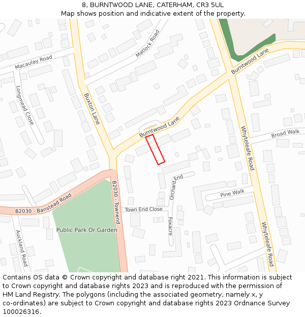 8, BURNTWOOD LANE, CATERHAM, CR3 5UL: Location map and indicative extent of plot