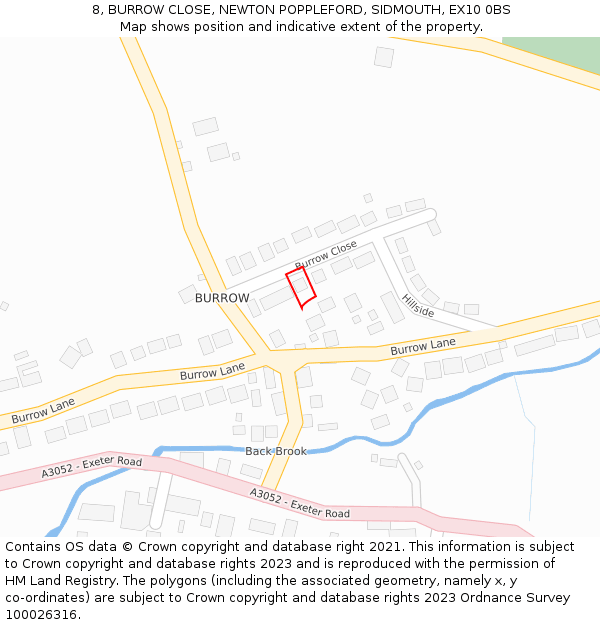 8, BURROW CLOSE, NEWTON POPPLEFORD, SIDMOUTH, EX10 0BS: Location map and indicative extent of plot