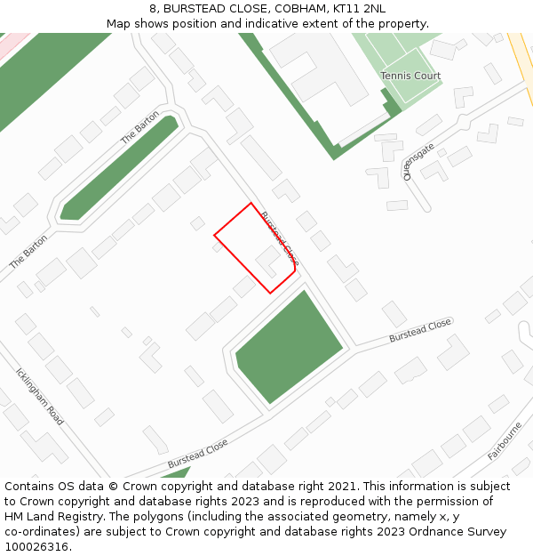 8, BURSTEAD CLOSE, COBHAM, KT11 2NL: Location map and indicative extent of plot