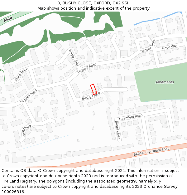 8, BUSHY CLOSE, OXFORD, OX2 9SH: Location map and indicative extent of plot