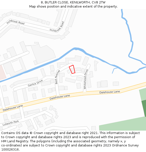 8, BUTLER CLOSE, KENILWORTH, CV8 2TW: Location map and indicative extent of plot