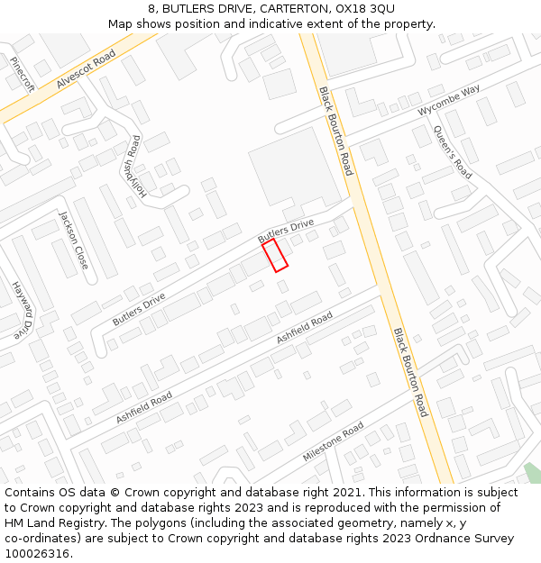 8, BUTLERS DRIVE, CARTERTON, OX18 3QU: Location map and indicative extent of plot