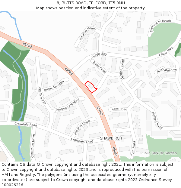 8, BUTTS ROAD, TELFORD, TF5 0NH: Location map and indicative extent of plot