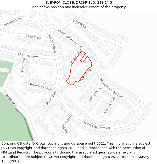 8, BYRON CLOSE, DRONFIELD, S18 1NG: Location map and indicative extent of plot