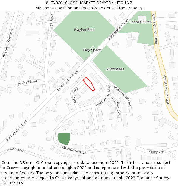 8, BYRON CLOSE, MARKET DRAYTON, TF9 1NZ: Location map and indicative extent of plot