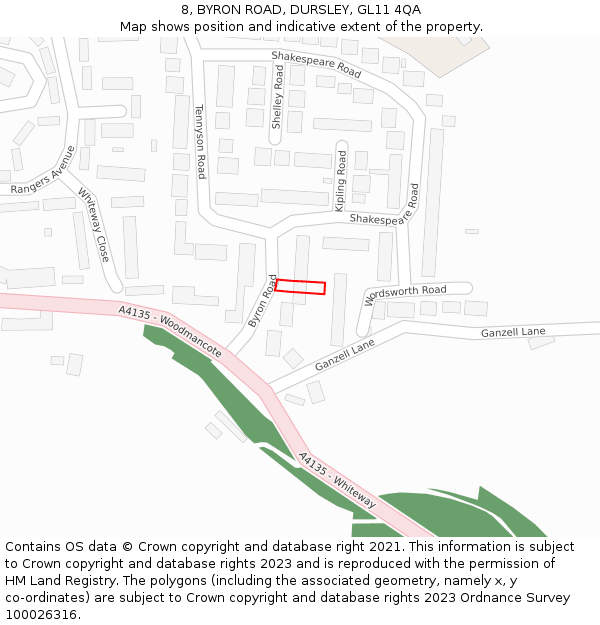 8, BYRON ROAD, DURSLEY, GL11 4QA: Location map and indicative extent of plot