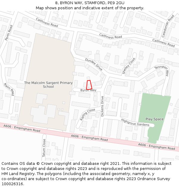 8, BYRON WAY, STAMFORD, PE9 2GU: Location map and indicative extent of plot