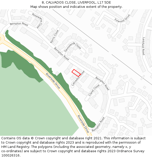 8, CALVADOS CLOSE, LIVERPOOL, L17 5DE: Location map and indicative extent of plot