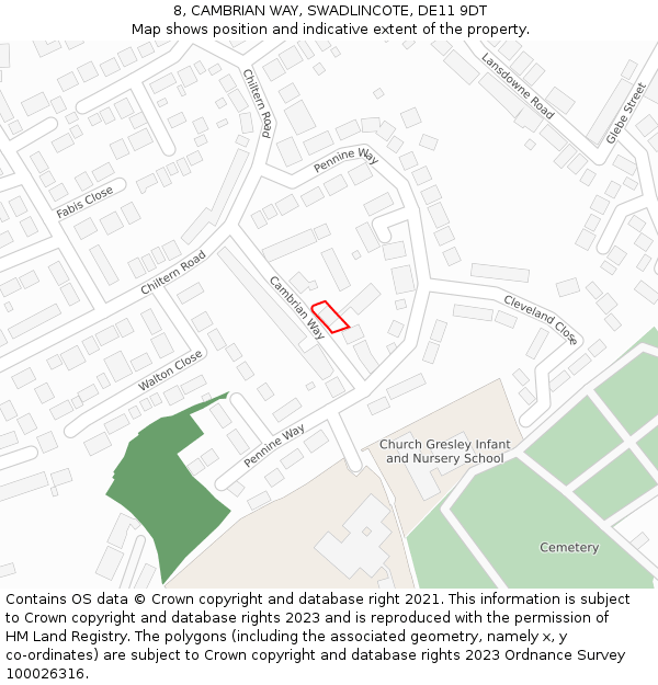 8, CAMBRIAN WAY, SWADLINCOTE, DE11 9DT: Location map and indicative extent of plot