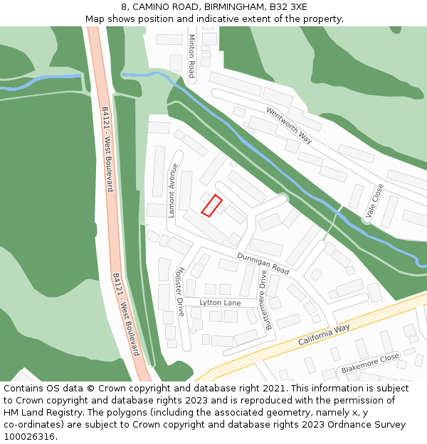 8, CAMINO ROAD, BIRMINGHAM, B32 3XE: Location map and indicative extent of plot