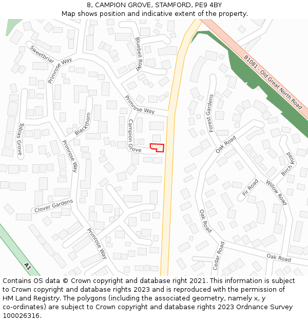 8, CAMPION GROVE, STAMFORD, PE9 4BY: Location map and indicative extent of plot