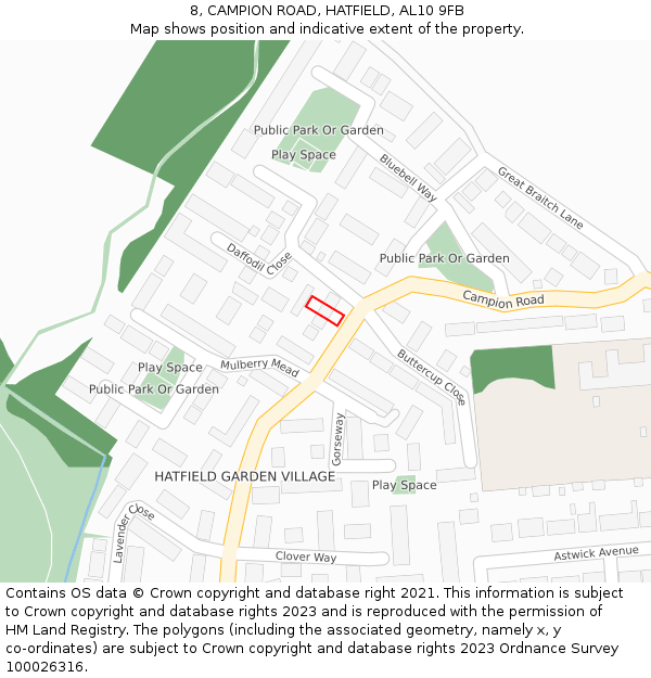 8, CAMPION ROAD, HATFIELD, AL10 9FB: Location map and indicative extent of plot