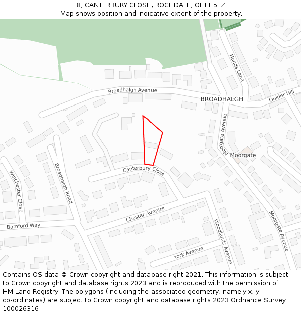 8, CANTERBURY CLOSE, ROCHDALE, OL11 5LZ: Location map and indicative extent of plot