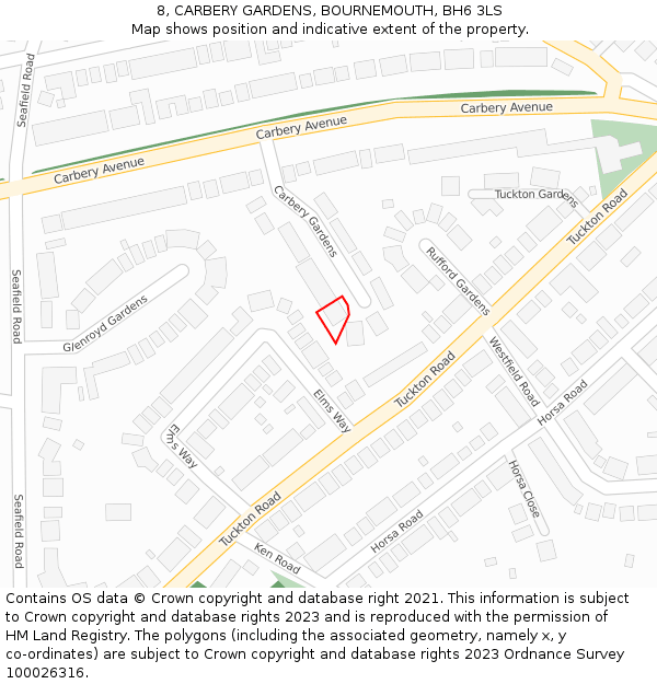 8, CARBERY GARDENS, BOURNEMOUTH, BH6 3LS: Location map and indicative extent of plot
