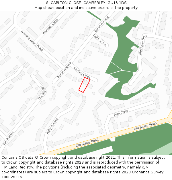 8, CARLTON CLOSE, CAMBERLEY, GU15 1DS: Location map and indicative extent of plot