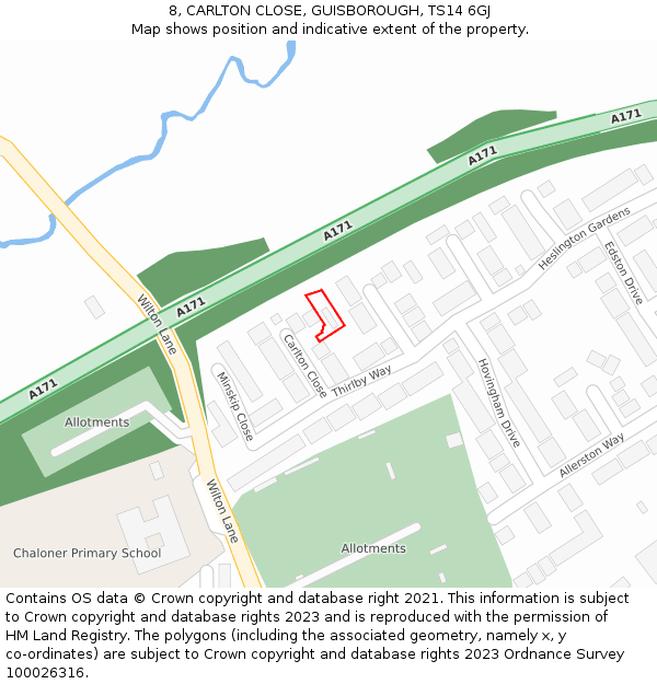 8, CARLTON CLOSE, GUISBOROUGH, TS14 6GJ: Location map and indicative extent of plot