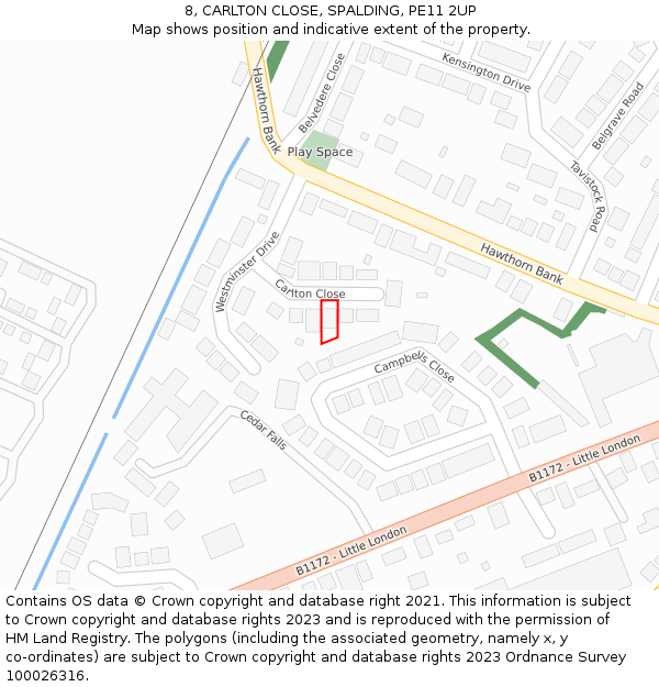 8, CARLTON CLOSE, SPALDING, PE11 2UP: Location map and indicative extent of plot