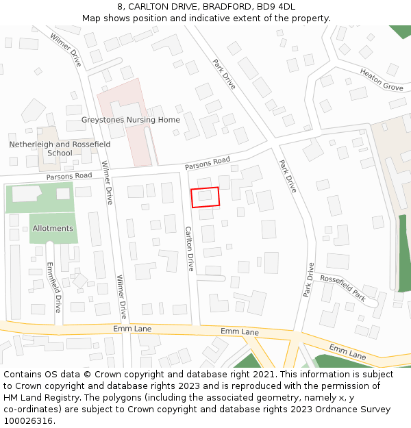 8, CARLTON DRIVE, BRADFORD, BD9 4DL: Location map and indicative extent of plot