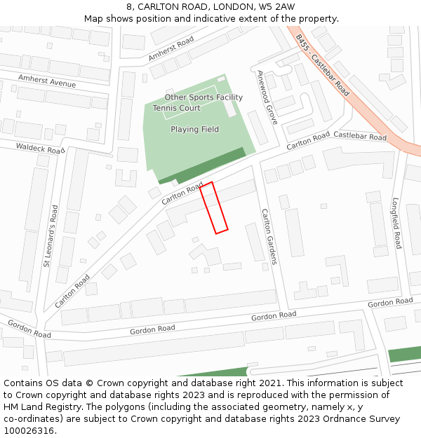 8, CARLTON ROAD, LONDON, W5 2AW: Location map and indicative extent of plot