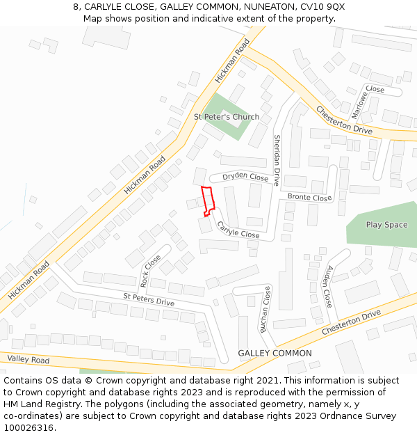 8, CARLYLE CLOSE, GALLEY COMMON, NUNEATON, CV10 9QX: Location map and indicative extent of plot