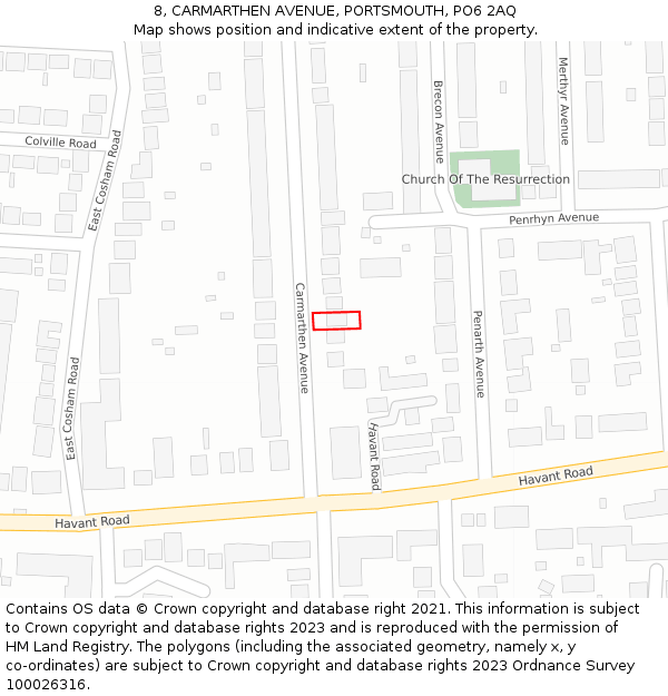 8, CARMARTHEN AVENUE, PORTSMOUTH, PO6 2AQ: Location map and indicative extent of plot