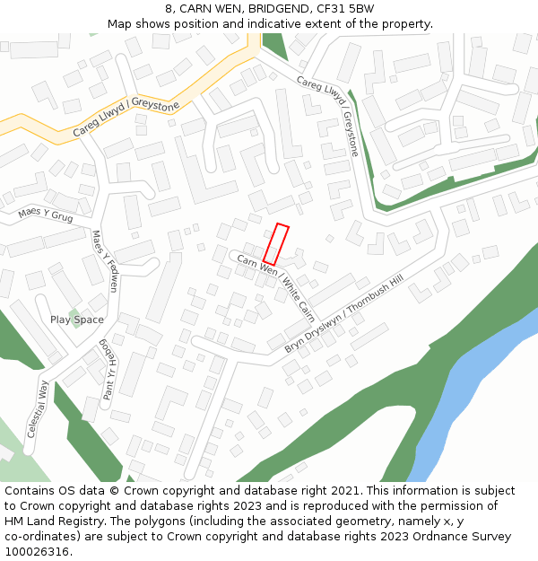 8, CARN WEN, BRIDGEND, CF31 5BW: Location map and indicative extent of plot