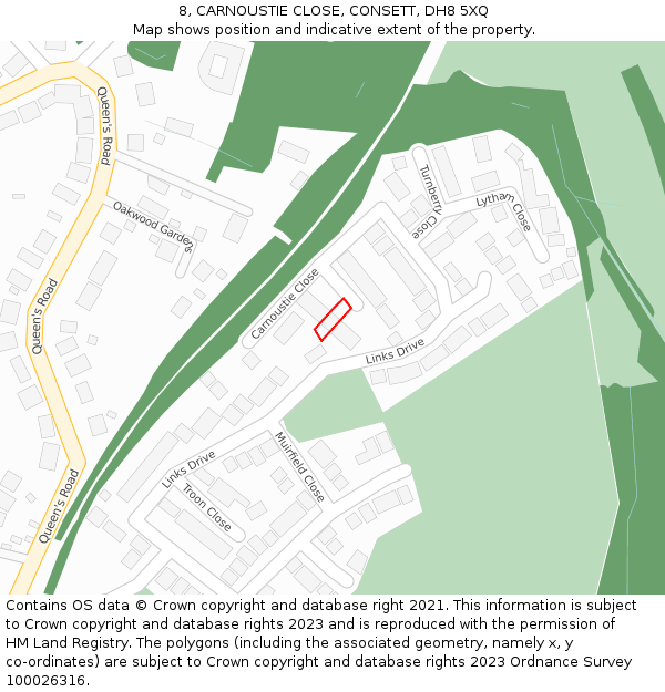 8, CARNOUSTIE CLOSE, CONSETT, DH8 5XQ: Location map and indicative extent of plot