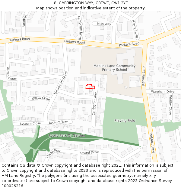 8, CARRINGTON WAY, CREWE, CW1 3YE: Location map and indicative extent of plot