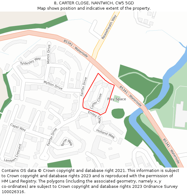 8, CARTER CLOSE, NANTWICH, CW5 5GD: Location map and indicative extent of plot