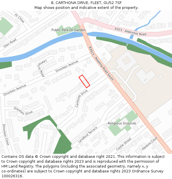 8, CARTHONA DRIVE, FLEET, GU52 7SF: Location map and indicative extent of plot