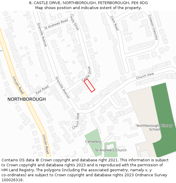 8, CASTLE DRIVE, NORTHBOROUGH, PETERBOROUGH, PE6 9DG: Location map and indicative extent of plot