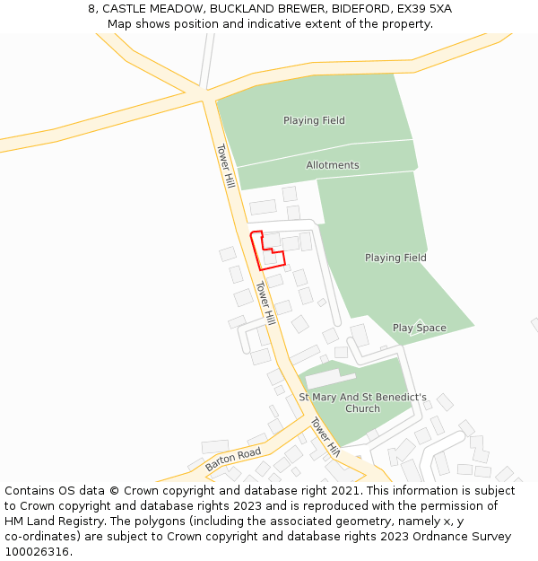 8, CASTLE MEADOW, BUCKLAND BREWER, BIDEFORD, EX39 5XA: Location map and indicative extent of plot