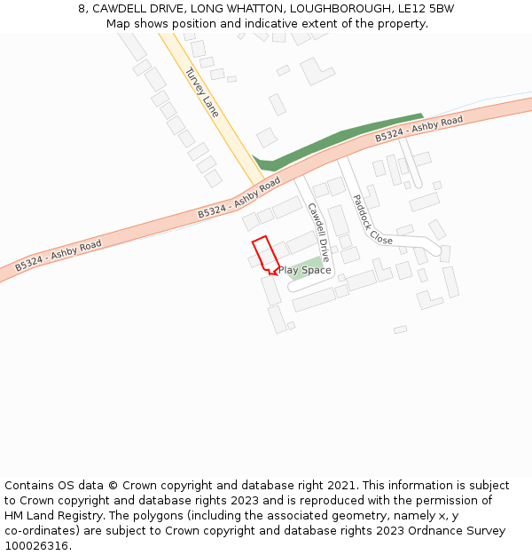 8, CAWDELL DRIVE, LONG WHATTON, LOUGHBOROUGH, LE12 5BW: Location map and indicative extent of plot