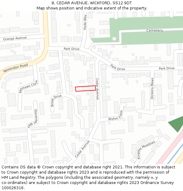 8, CEDAR AVENUE, WICKFORD, SS12 9DT: Location map and indicative extent of plot