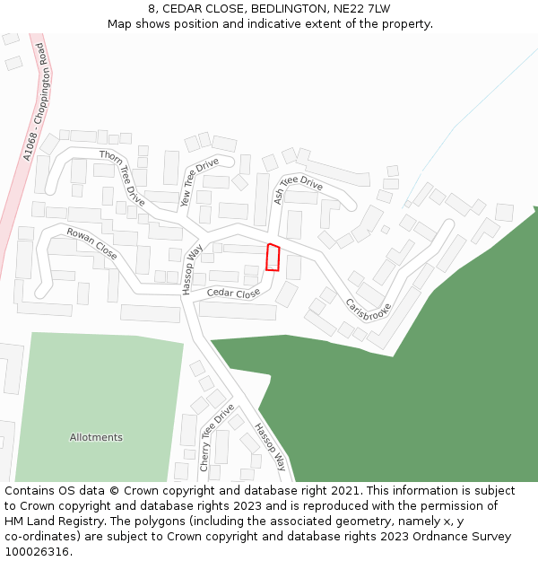 8, CEDAR CLOSE, BEDLINGTON, NE22 7LW: Location map and indicative extent of plot