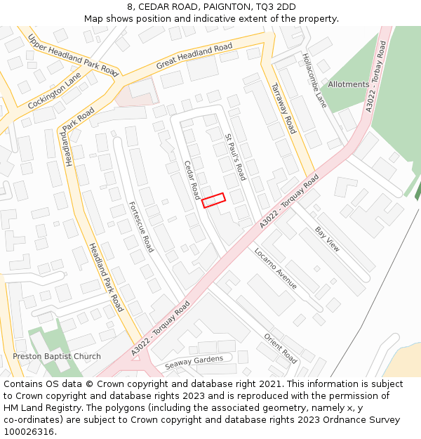8, CEDAR ROAD, PAIGNTON, TQ3 2DD: Location map and indicative extent of plot