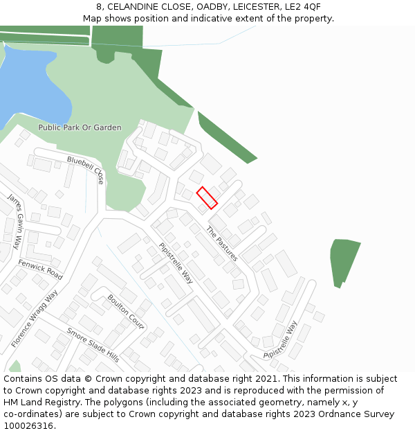 8, CELANDINE CLOSE, OADBY, LEICESTER, LE2 4QF: Location map and indicative extent of plot