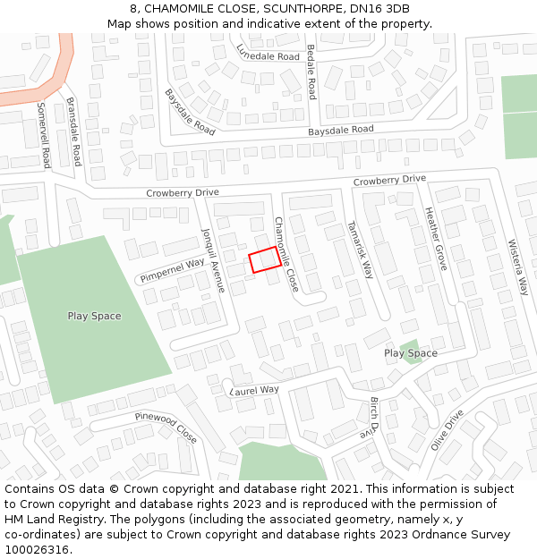 8, CHAMOMILE CLOSE, SCUNTHORPE, DN16 3DB: Location map and indicative extent of plot