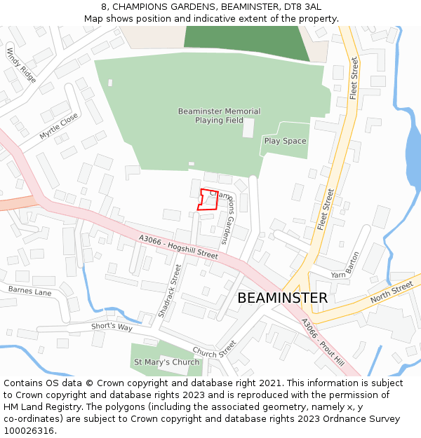 8, CHAMPIONS GARDENS, BEAMINSTER, DT8 3AL: Location map and indicative extent of plot