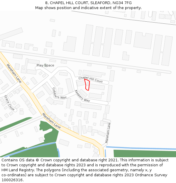 8, CHAPEL HILL COURT, SLEAFORD, NG34 7FG: Location map and indicative extent of plot