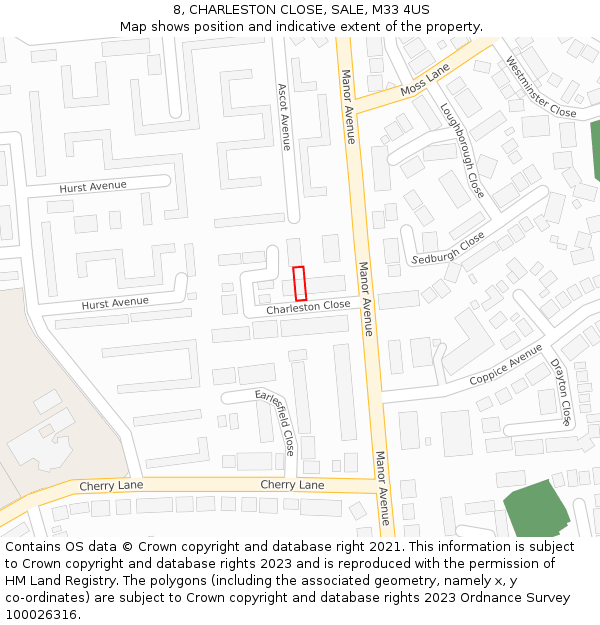 8, CHARLESTON CLOSE, SALE, M33 4US: Location map and indicative extent of plot